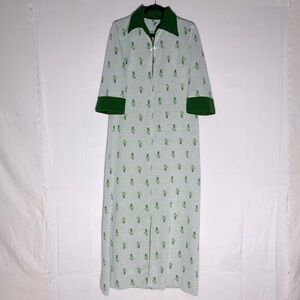 Vintage 70’s Handmade Maxi Length Green Floral Dress Robe Dressing Gown S